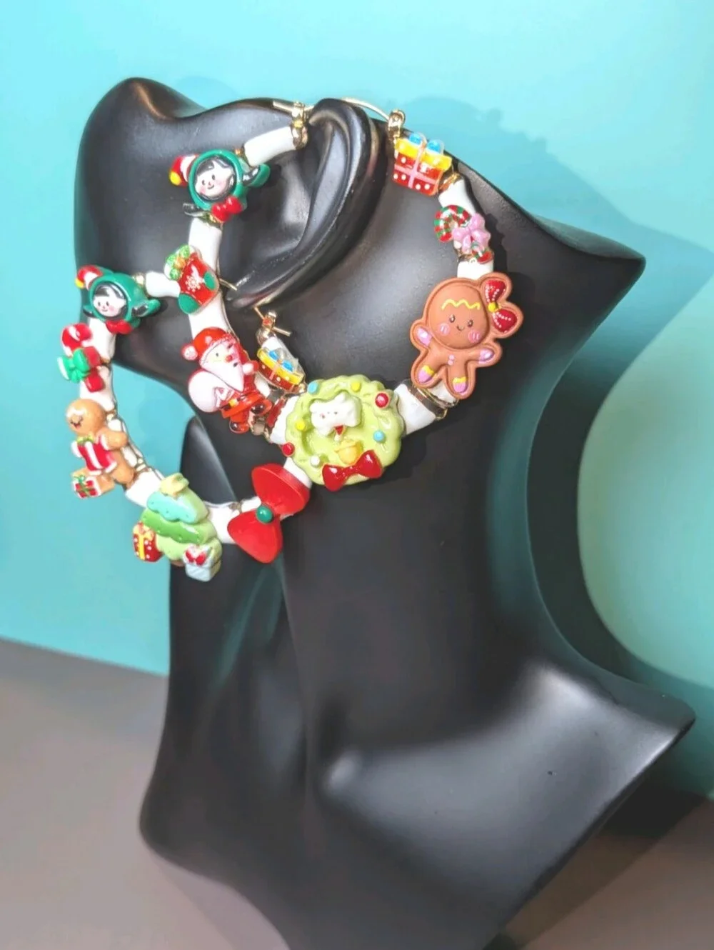 Hand Crafted Christmas Charm Medium Hoop Earrings in Red, Green, White & Gold